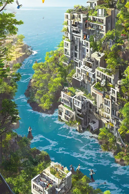 Prompt: elevation illustration of an awesome sunny day environment concept art on a cliff, nature meets architecture by kengo kuma, ian hubert and wes anderson with village, residential area, mixed development, highrise made up staircases, balconies, full of glass facades, cgsociety, fantastic realism, artstation hq