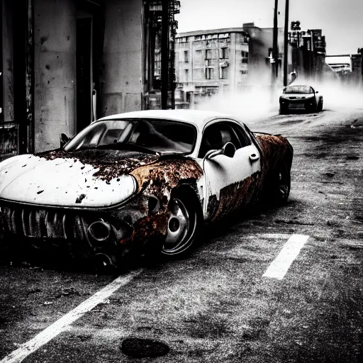 Image similar to black and white press photograph of a rusted abandoned expensive sports car on a busy city street, detailed, natural light, mist, film grain, soft vignette, sigma 5 0 mm f / 1. 4 1 / 1 0 sec shutter, imax 7 0 mm footage