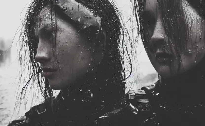 Image similar to cinestill 5 0 d candid photographic portrait by christopher nolan of two loving female androids wearing rugged black mesh techwear in treacherous waters, extreme closeup, modern cyberpunk moody emotional cinematic, pouring rain, 8 k, hd, high resolution, 3 5 mm, f / 3 2, ultra realistic faces, ex machina