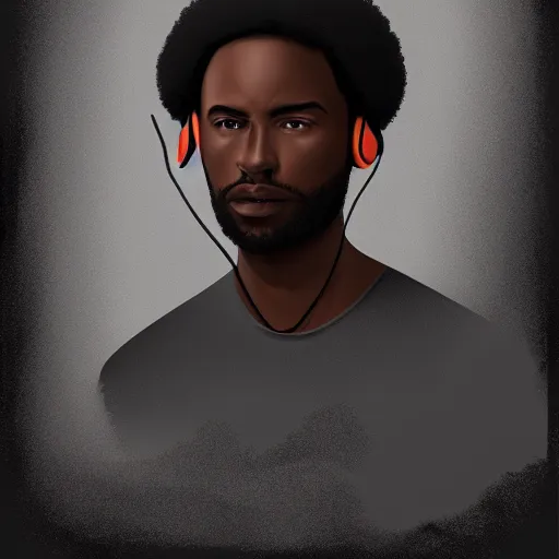 Prompt: portrait of a black man with afro wearing headphones, looking cool, digital painting, artstation