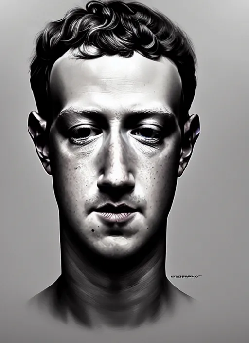Image similar to mark zuckerberg as male android!!!, pale, lifeless, dead eyes, portrait, intricate, elegant, highly detailed, digital painting, artstation, concept art, wallpaper, smooth, sharp focus, illustration, art by h. r. giger and artgerm and greg rutkowski and alphonse mucha