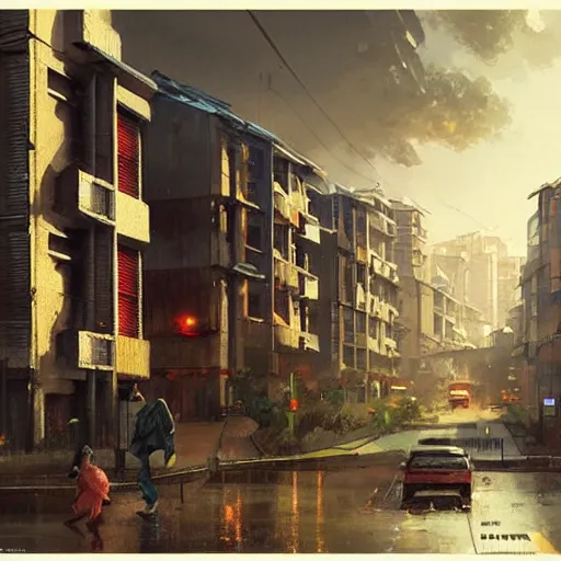 Image similar to Concept art of a HDB town from the 1990s in the evening, art by Greg Rutkowski, detailed, digital art