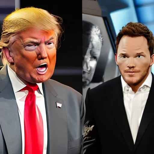 Image similar to donald trump with no shirt feeding chris pratt while slapping his bottom