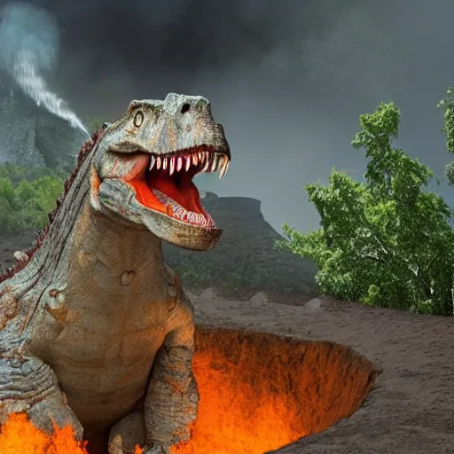 Prompt: humanoid Tyrannosaurus is cliff diving into a large volcano crater with a huge smile on his face, lots of fire, lava erupting, cheerleader dinosaurs are standing at the edge of the crater