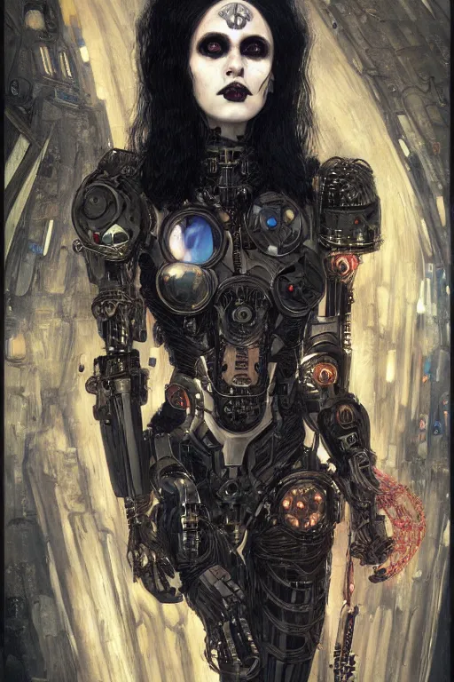 Prompt: portrait of beautiful young gothic cyborg maiden, cyberpunk, Warhammer, kiss, highly detailed, artstation, illustration, art by Gustav Klimt
