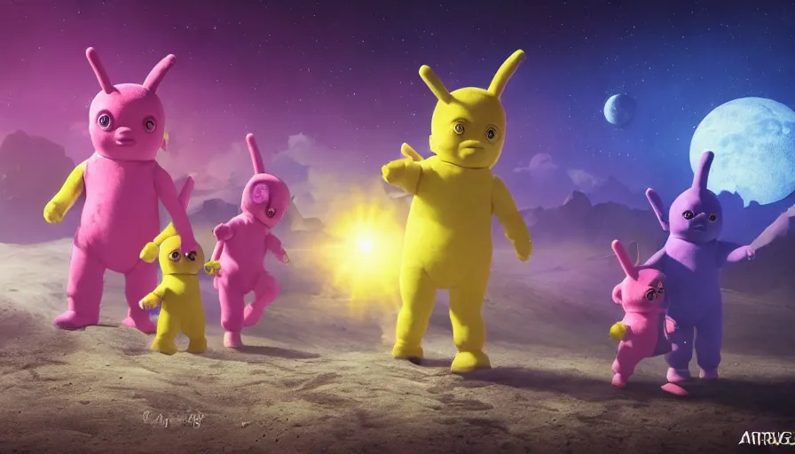 Prompt: cyberpunk teletubbies dancing on the moon, brown shiny metallic details, ultra realistic, concept art, intricate details, eerie, highly detailed, photorealistic, octane render, 8k, unreal engine, art by artgerm and Blaz Porenta