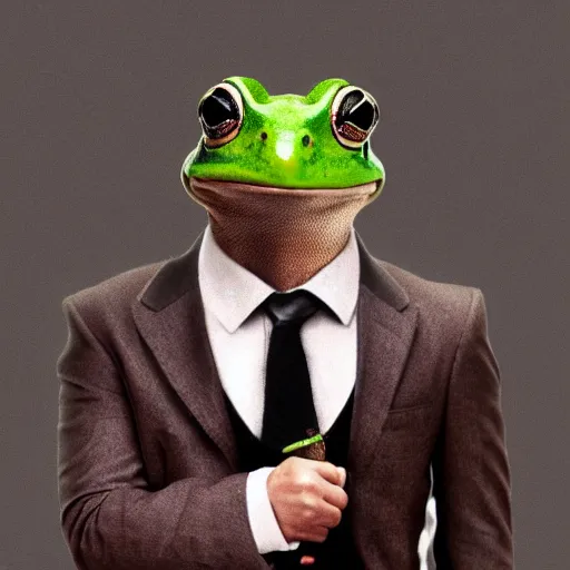 Image similar to a frog 🐸 wearing a suit smoking a cigar