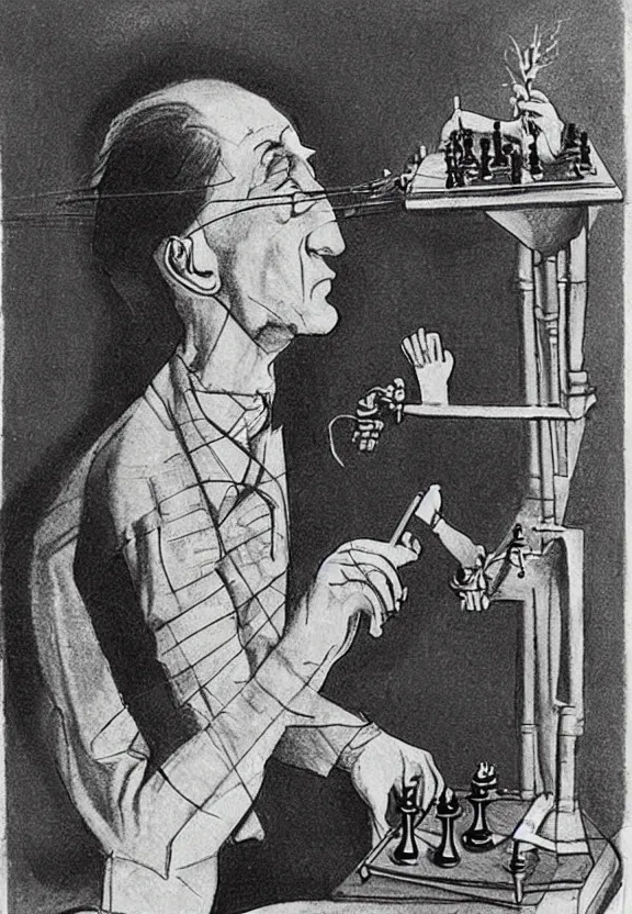 Image similar to a concept drawing of marcel duchamp holding up a chess - piece wire - machine, a surrealist painting by marcel duchamp, complex artificial - intelligence machinery, minimal sketch flow - chart, academic art, 1 9 2 0 s