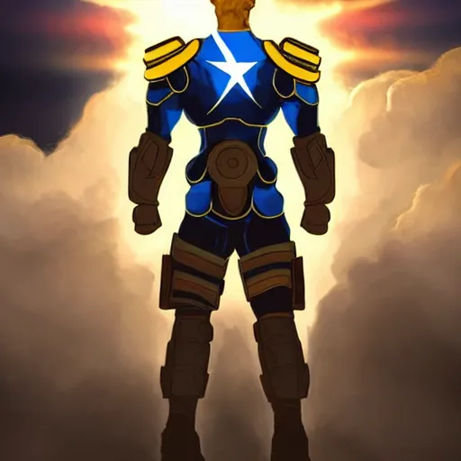 Image similar to a full body shot from distance of a super soldier with a Ukrainian yellow and blue flag standing in the beam of light from the clouds in a triumph after battle, western, masculine figure, D&D, fantasy, intricate, elegant, highly detailed, digital painting, artstation, concept art, matte, sharp focus, symmetrical, illustration, art by Artgerm and Greg Rutkowski and Alphonse Mucha