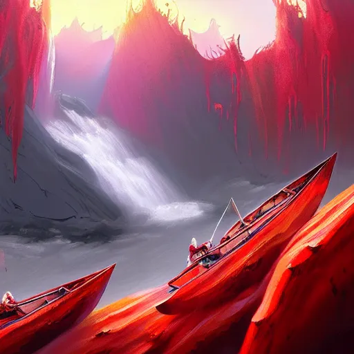 Image similar to a waterfall of blood falls from the top of the mountain, the demons sail along it in canoes, vivid color, highly detailed, mistic atmosphera, digital painting, artstation, concept art, matte, sharp focus, manga style,