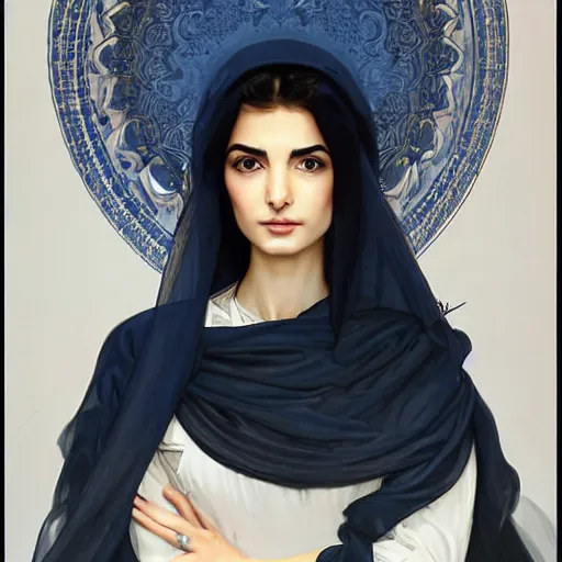 Image similar to Ameera al-Taweel, blue eyes, wavy black hair, white veil, highly detailed, digital painting, artstation, concept art, smooth, sharp focus, illustration, ArtStation, art by artgerm and greg rutkowski and alphonse mucha and J. C. Leyendecker and Edmund Blair Leighton and Katsuhiro Otomo and Geof Darrow and Phil hale and Ashley wood and Ilya repin and Charlie Bowater