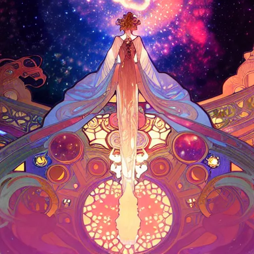 Prompt: a beautiful highly detailed digital art of colorful castle nebulas by alphonse mucha, moebius, krenz cushart, stars in the background, highly detailed, intricate design, cinematic view, 8 k resolution, trending on artstation