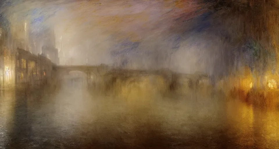 Prompt: An urban train rides inside of a waterway on a fantasy city, next to a fountain and a mystical palace. By Joseph Mallord William Turner, fractal flame, highly detailded