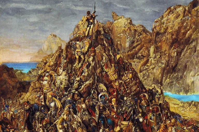 Image similar to a beautiful painting of a rocky landscape covered with bodies of medieval soldiers in shiny armors, dawn, by Georgia o keeffe, by Gustave Moreau