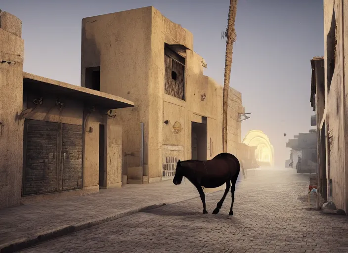 Image similar to old jeddah city alley, roshan, old shops, horse, magical glowing portal to another dimension, a man wearing a white robe standing watching over, dramatic lighting, dawn, by caspar david friedrich, unreal engine 5