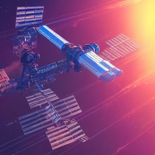 Prompt: beautiful render of space station by dan mumford, graphic novel, pastel anaglyph, unreal engine, 4k hd wallpaper, happy color scheme