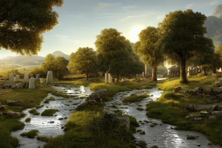 Image similar to A small village surrounded by white rectangular monoliths in an open field with a winding white stone pathwalk and a small brook running through, clear blue skies in the background, by Thomas Kincade, Richard Sigamani, 8k photorealistic, cinematic lighting, HD, high details, concept art, trending on artstation