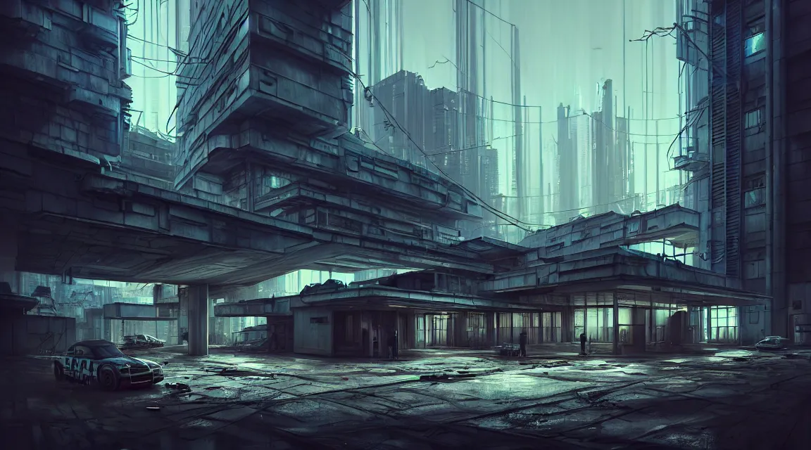 Image similar to highly detailed photography of a modern architecture post - apocalyptic police station, cyberpunk art, photorealistic, trending on artstation, organic architecture, urban archiecture, photorealistic, by wlop, by artgerm, digital art, matte art, octane render, lineart, pop art, retrofuturism, reimagined by industrial light and magic, darksynth