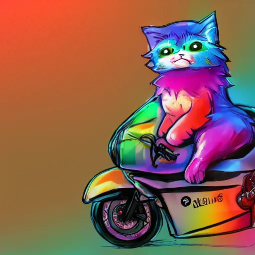 Image similar to wide angle full body, jacket wearing fluffy cute rainbow kitten wearing a black leather motorcycle jacket, riding on a motorcycle, cinematic concept art