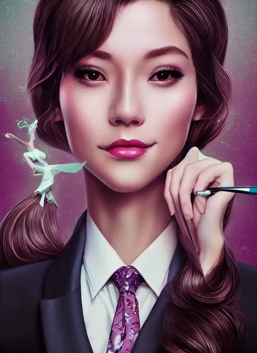 Prompt: beautiful, secretary woman, extremely detailed gorgeous face, looks realistic, hyper-detailed portrait, happy smile, vaporwave aesthetic, synthwave, magical, fantasy, ninchaku , artist Artgerm i and WLOP