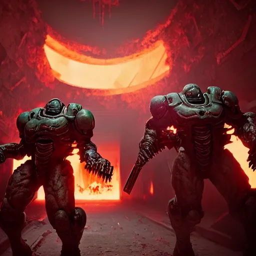 Image similar to doom slayers in hell wielding the super shotgun, octane render, cinematic, by greg rutkowski, extremely high detail, hyper realistic textures, vivid colors, 8 k