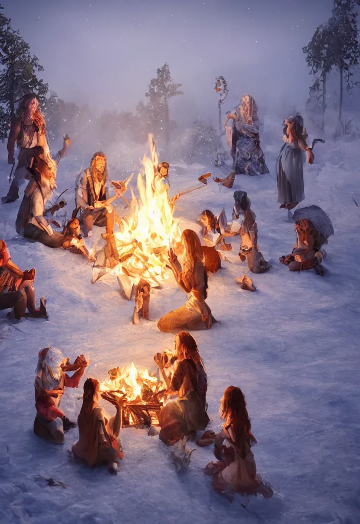 Prompt: realistic white tribe gather around a bonfire with a pregnant woman as her leader, proud people, sharp, antartic night, facinating, fantasy digital art, octane render, beautiful composition, trending on artstation, award - winning photograph, masterpiece