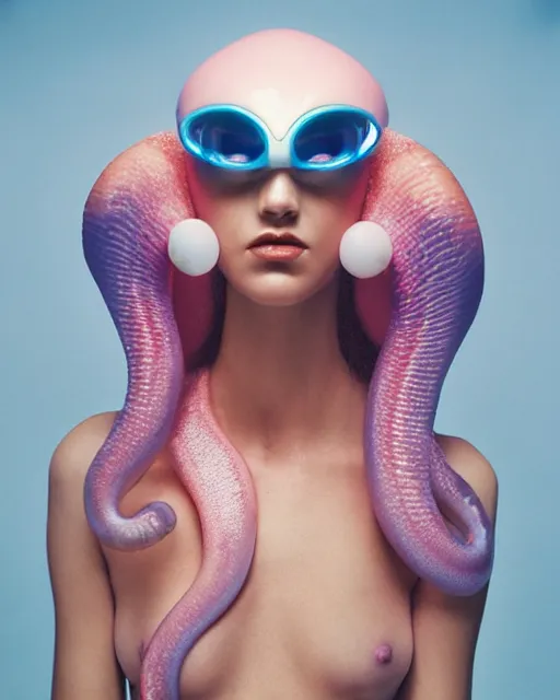 Image similar to natural light, soft focus portrait of a cyberpunk anthropomorphic squid with soft synthetic pink skin, blue bioluminescent plastics, smooth shiny metal, elaborate ornate head piece, piercings, skin textures, by annie leibovitz, paul lehr