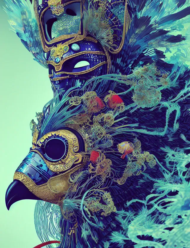 Image similar to 3 d shaman in venetian mask close - up profile portrait. beautiful intricately detailed japanese crow kitsune mask and clasical japanese kimono. betta fish, jellyfish phoenix, bio luminescent, plasma, ice, water, wind, creature, artwork by tooth wu and wlop and beeple and greg rutkowski