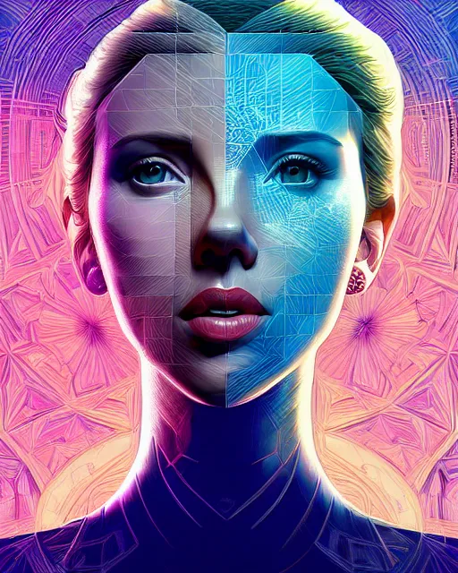 Prompt: highly detailed vfx portrait of scarlett johansson, geometric polygons, global illumination, detailed and intricate environment by james jean, liam brazier, victo ngai and tristan eaton