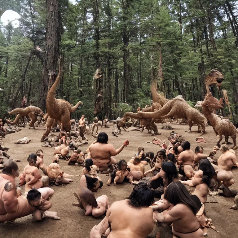 Image similar to photo, neanderthal people, first contact with sumo japanese people, eating hotdogs, surrounded by dinosaurs!, gigantic forest trees, sitting on rocks, bright moon, ice! cream! truck!