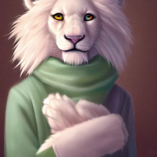 Image similar to aesthetic portrait commission of a albino male furry anthro lion wearing a cute mint colored cozy soft pastel winter outfit, winter atmosphere. character design by chunie, kristakeshi, sigmax, ross tran