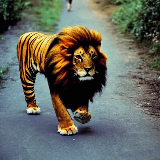 Prompt: A man in a lion costume walking a tiger on a leash, photo by steve mccurry