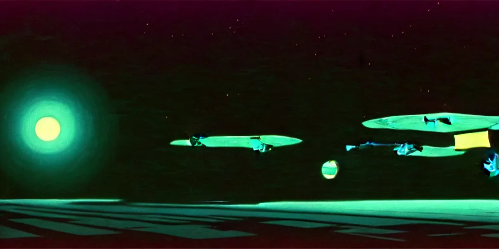 Prompt: low wide angle shot of a space station at night, cyber punk, set design by Ed Wood, cinematography by Jim Jarmusch, composition by Hale Woodruff, background by Zdzisław Beksiński.