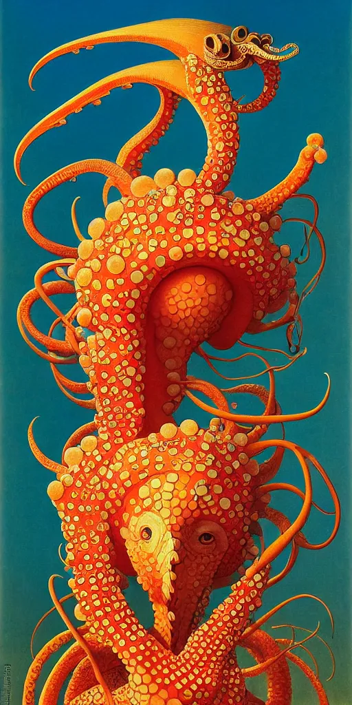 Prompt: portrait of the ammonite skeksis supermodel girl clad in branching coral armor bites into a juicy squid, by kawase hasui, dorothea tanning, moebius, edward hopper and james gilleard, aivazovsky, zdzislaw beksinski, steven outram, colorful iridescent and playful