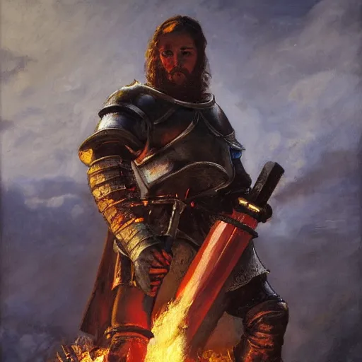 Image similar to realistic painting image of a templar knight with one mechanical hand carrying a fire sword and wielding it at the ice dragon. dramatic scene, realism, created by gustave courbet and michaelangelo, trending in artstation, fine art, smooth draw with oil painting.