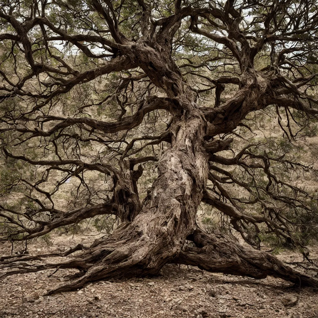 Image similar to a dry and dead huge tree in a forest and eroded stones, dust, wind, dirt, advertising photography