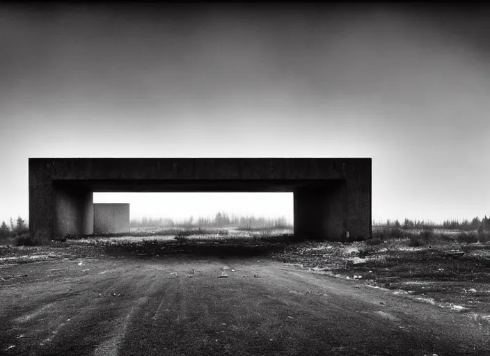 Image similar to High resolution black and white photograph with a 35mm F/22.0 lens of a Brutalist architectural building alone in the middle of a Russian wasteland in the 1980s in the middle of nowhere while foggy. Highly detailed Realistic, Refined, Highly Detailed, fine art fashion photography