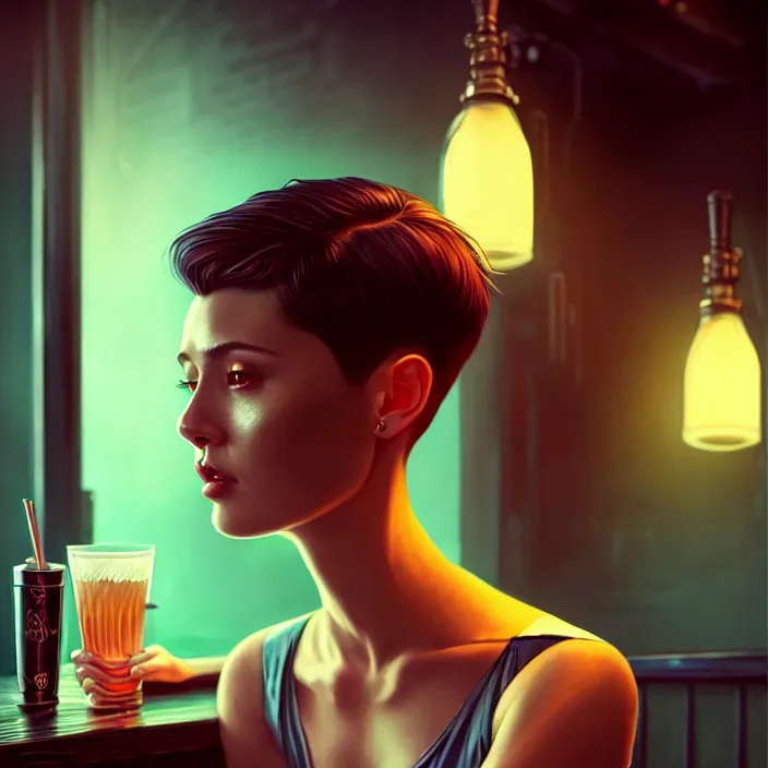 Prompt: a young sophisticated beautiful barmaid, dimly lit dive bar, hip modern vibe, relaxed pose, pixie cut with shaved side hair, wild, highly detailed, digital painting, artstation, sharp focus, illustration, artwork by ross tran + ramond swanland + liam wong, perfect facial symmetry + dim volumetric lighting, vibrant deep colors, 🍸, 8k octane beautifully detailed render, post-processing, extremely hyperdetailed, epic composition, grim yet sparkling atmosphere, cinematic lighting + masterpiece, Art Nouveau, unreal engine, hyperrealistic, old english, sepia