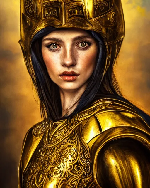 Image similar to gouache portrait of woman in shining golden armor, high production value, intricate details, high resolution, hdr, high definition, masterpiece, realistic, ultrarealistic, highly detailed, hd, sharp focus, non blurry, sharp, smooth