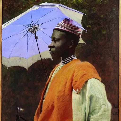 Prompt: portrait of king of dahomey outdoors dressed in airy clothing, with a servant holding an umbrella over him, 1905, brightly coloured oil on canvas, by ilya repin