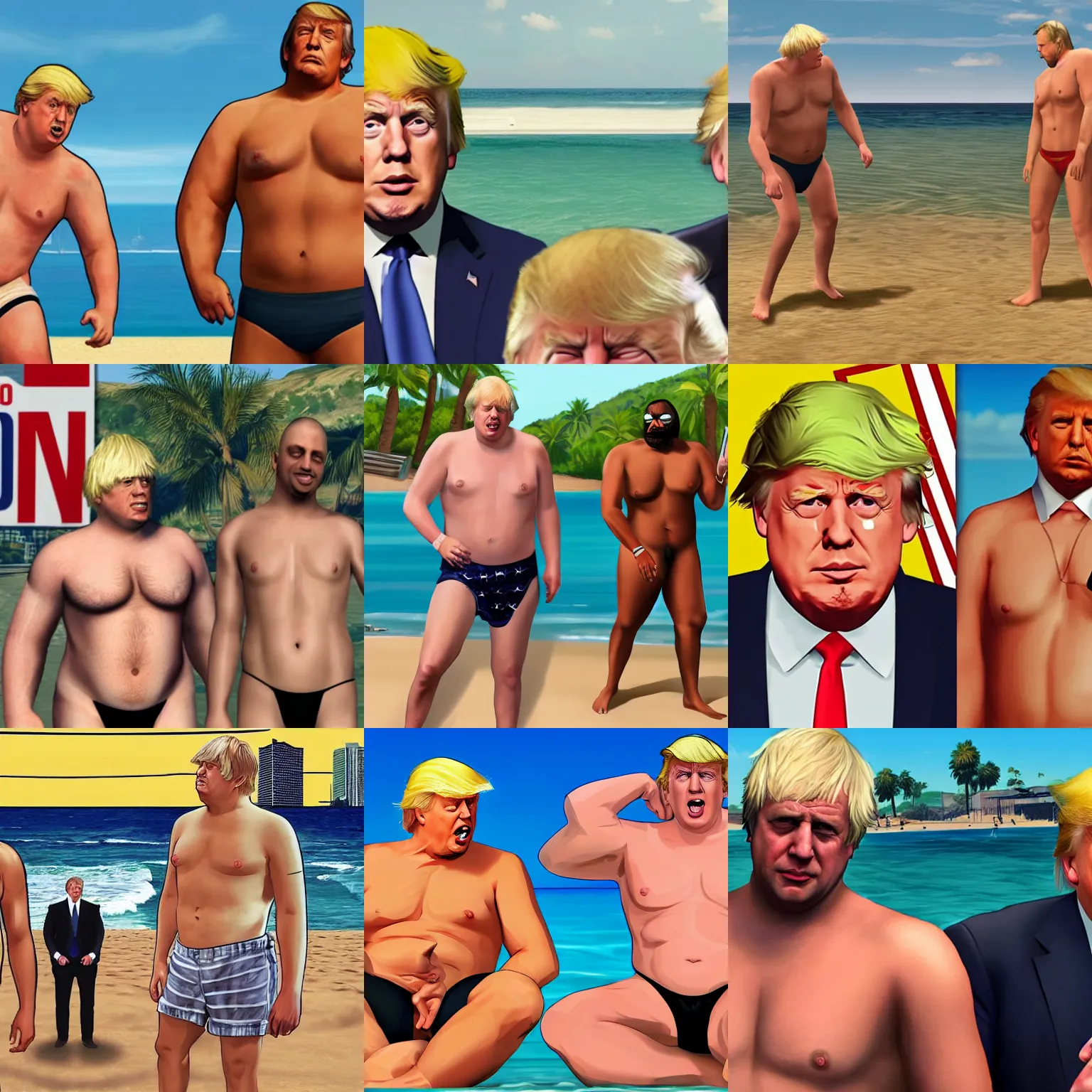 Prompt: boris johnson and trump in bathing suits GTA V loading screen san andreas beach boxart