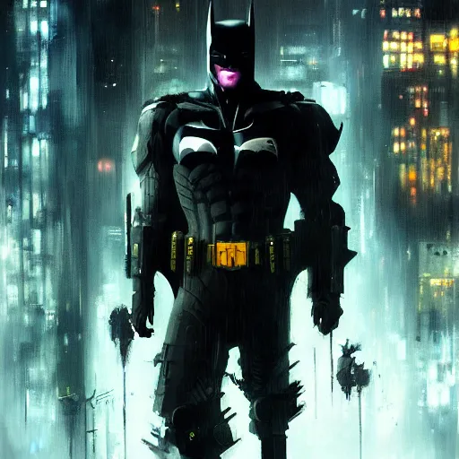 Image similar to cyberpunk batman, moody, futuristic, city background, brush strokes, oil painting, greg rutkowski