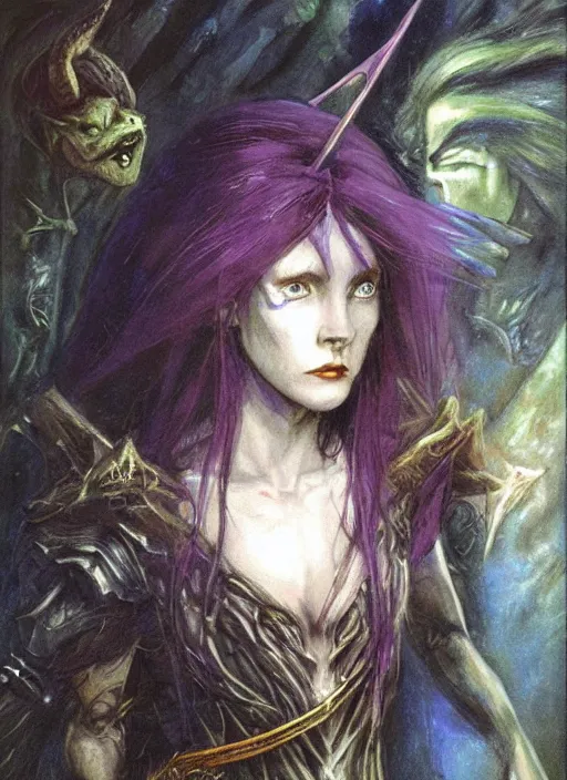 Image similar to portrait of young female sorceress of doom, beautiful! coherent! dungeons and dragons character, by brian froud, strong line, night color, high contrast