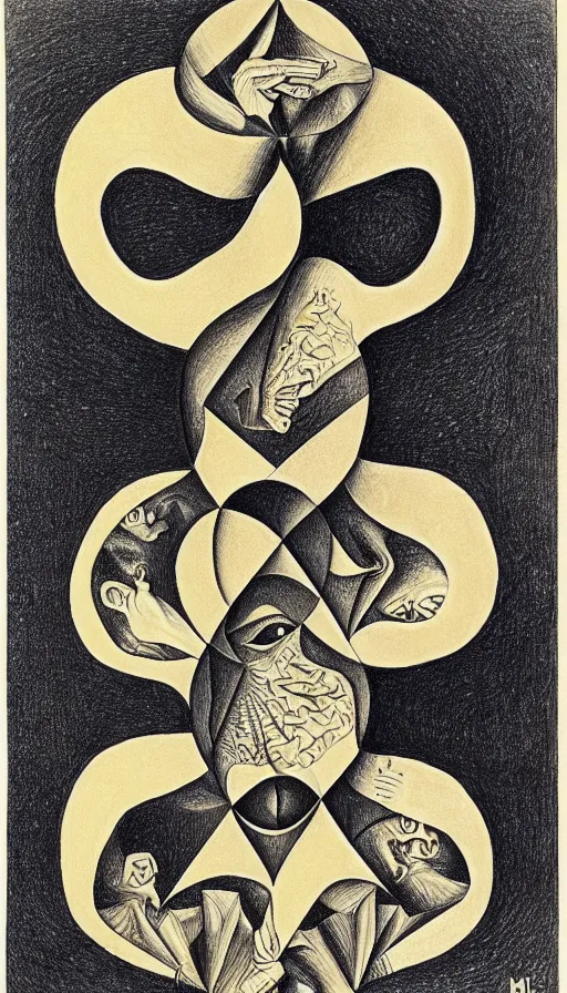 Image similar to M. C. Escher's mind drawn by M. C. Escher, gold paint, ink