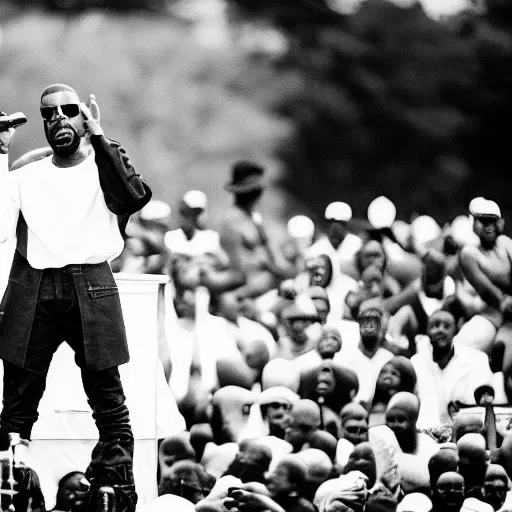 Prompt: vintage photograph of Kanye West speaking at the Million Man March, Sigma 40mm, portrait, black and white