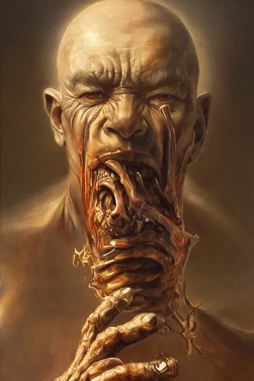 Prompt: beautiful oil clean painting biomechanical portrait a demon smoking cigar by wayne barlowe, rembrandt, complex, stunning, realistic skin color, 4 k, high res, awardwinning, masterpiece, realistic lighting