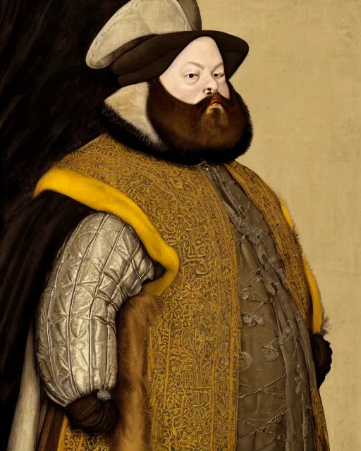 Image similar to fat gray cat with yellow eyes dressed like henry viii, tudor period menswear, hans holbein the younger, greg rutkowski, royal portrait, painting