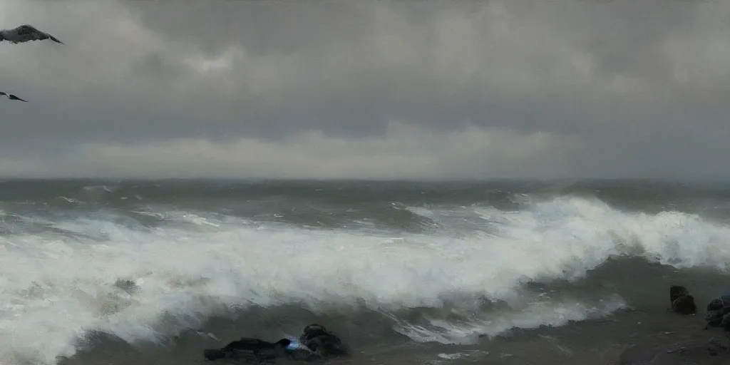 Image similar to storm, grey clouds, seagulls above a rough surf, jeremy lipking