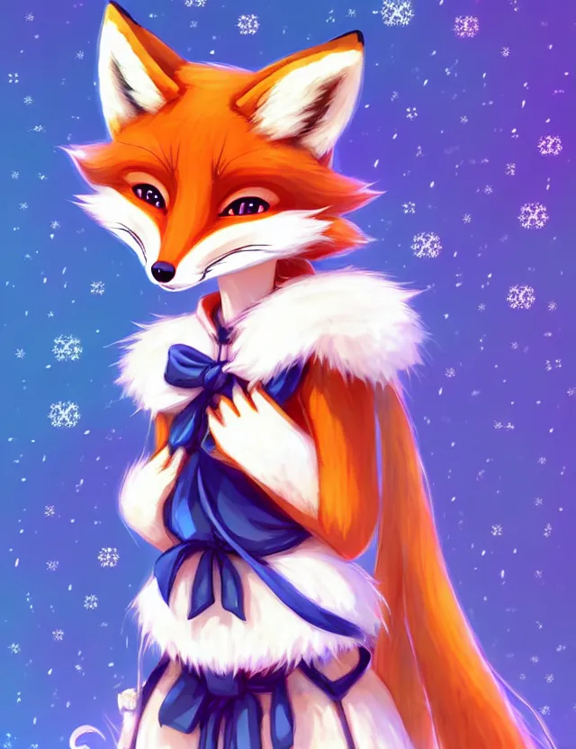 Image similar to a cute anthropomorphic rare type of fox girl anthro wearing indigo ribbons and a fluffy robe, winter park background, very anime!!! kawaii!! furry!! intricate details, aesthetically complementary colors, scenic background, art by rising artists with a radically new style. trending on artstation, top rated on pixiv and furaffinity