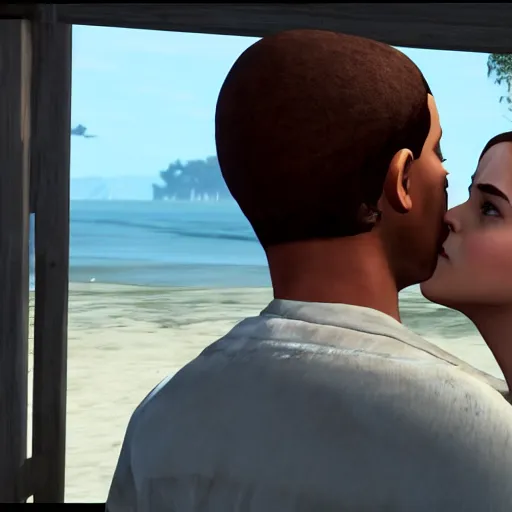 Image similar to emma watson kissing with carl johnson from gta san andreas in cinematic 4k